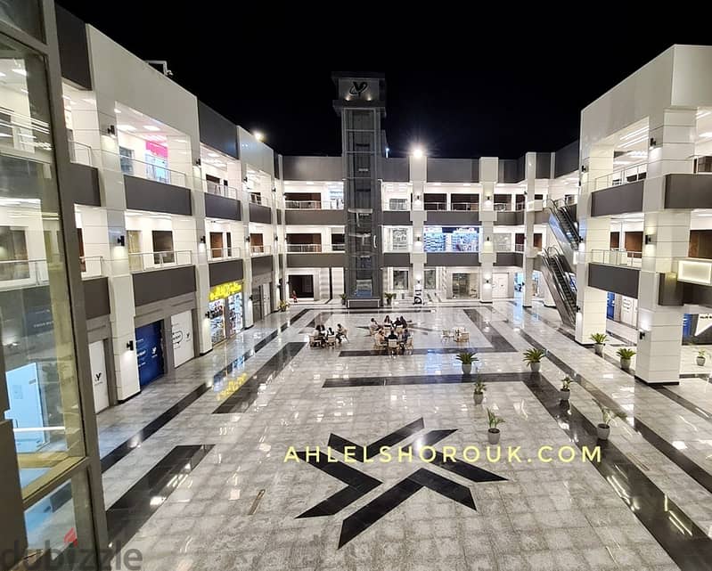 The last store on the ground floor in the strongest mall in Shorouk, Value Mall, shop 59 M+ 55 M an outdoor terrace suitable for a cafe or restaurant. 1