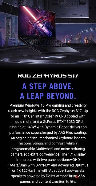 Asus Rog Zephyrus S17, RTX 3080 16 GB, Core i9 11900 H, 32 GB Ram 10