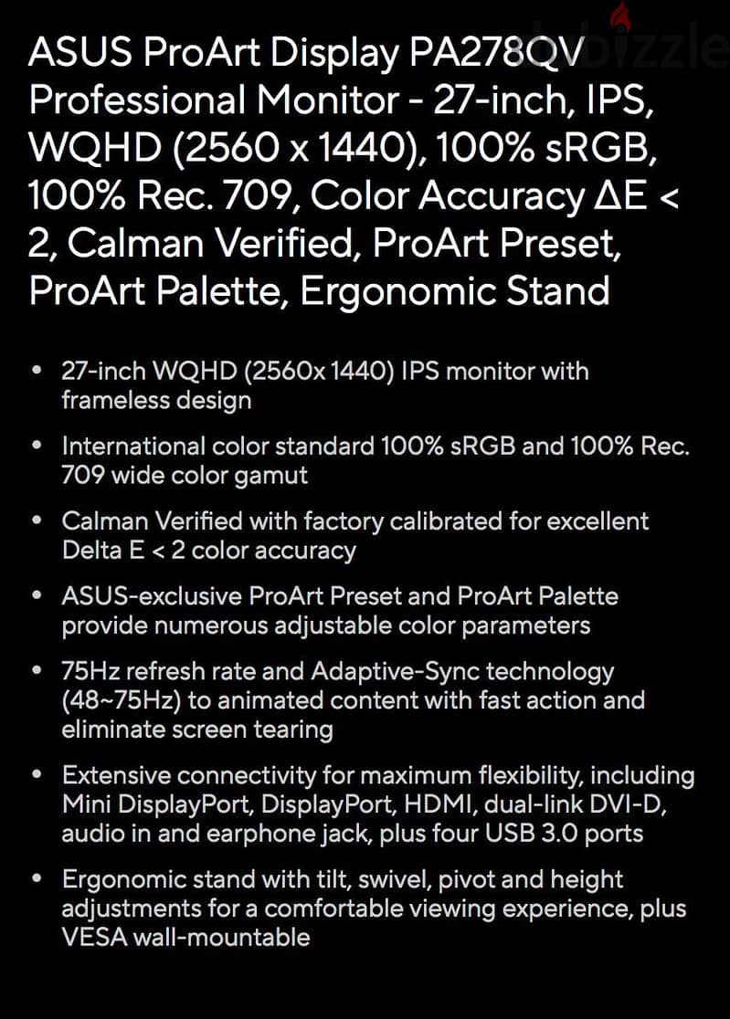 شاشة كمبيوتر ASUS ProArt Display PA278QV professional Monitor - 27-inc 8