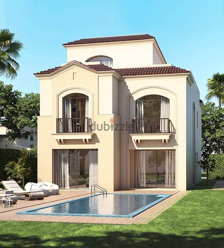 Independent villa 175 sqm + garden 180 sqm and roof 54 sqm for sale in Sarai Compound, New Cairo City Wall 23