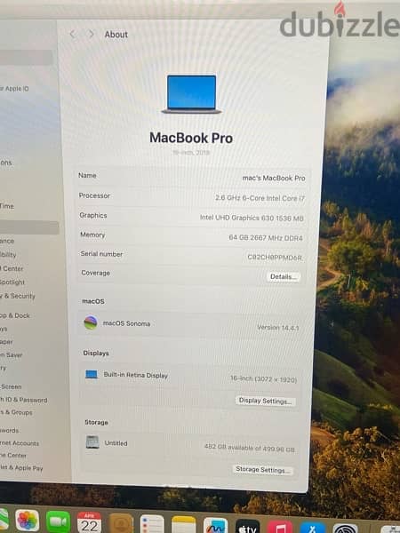 MacBook Pro 2019  16”inch Intel core i7 -  64 giga ram ddr4 500 ssd 7