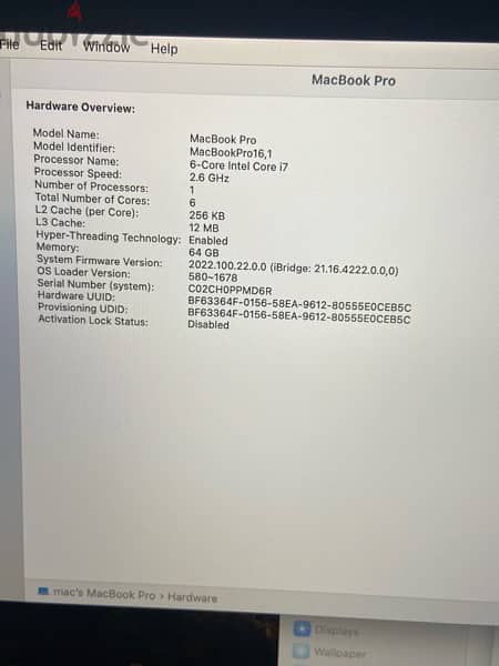 MacBook Pro 2019  16”inch Intel core i7 -  64 giga ram ddr4 500 ssd 8
