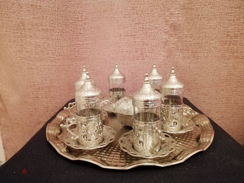 طقم شاي عثماني لون فضي - ذهبي صناعة تركية 7