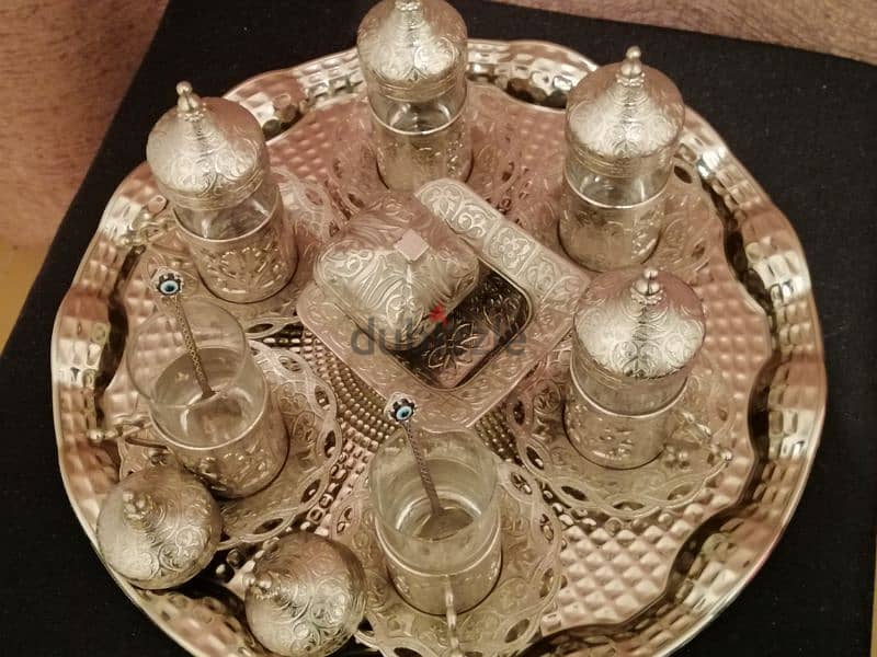 طقم شاي عثماني لون فضي - ذهبي صناعة تركية 4