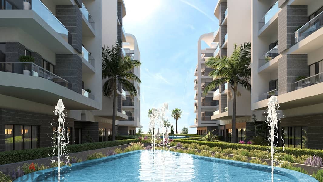A first-room hotel apartment in a compound in New Mansoura with the most powerful developer in Egypt in The Pearl Compound with a 13% discount with a 6