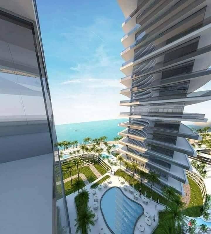 شقة فندقية للبيع بمقدم 2,7 مليون فيو رائع للبحر في العلمين الجديدة بالقسط 2