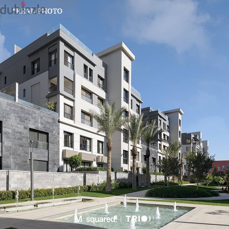Apartment with garden for sale, smart home finishing, with a 10% down payment, in Trio Gardens, Fifth Settlement 2