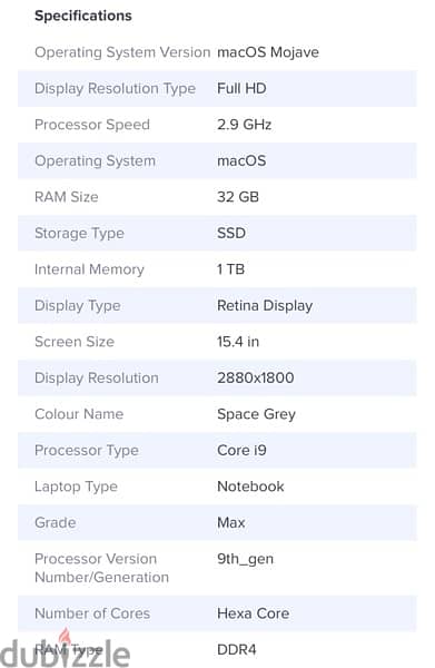 ‏Macbook Pro A1990 (2018) Laptop 15.4-Inch Display Core i9 Processor 4