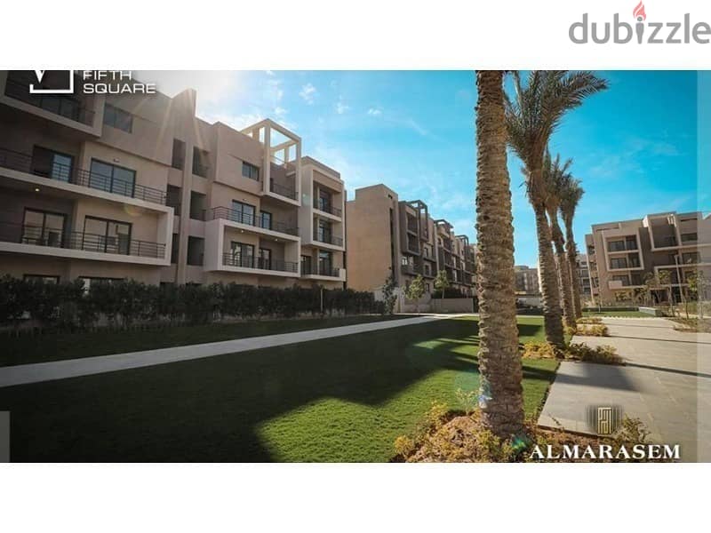 The lowest down payment is for an apartment 132 sqm fully finished with ACs 2 bedrooms   in Al Marasem, Fifth Square, with installments 2