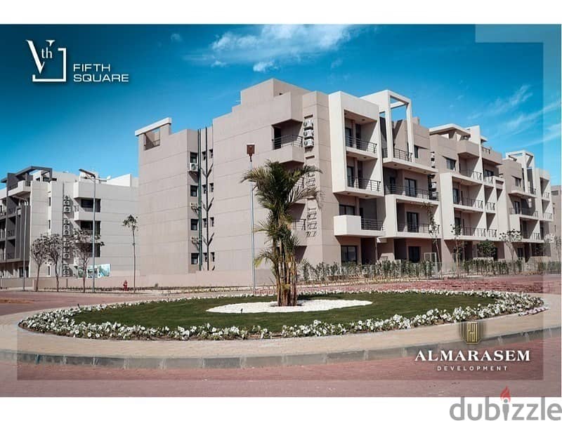 The lowest down payment is for an apartment 132 sqm fully finished with ACs 2 bedrooms   in Al Marasem, Fifth Square, with installments 5