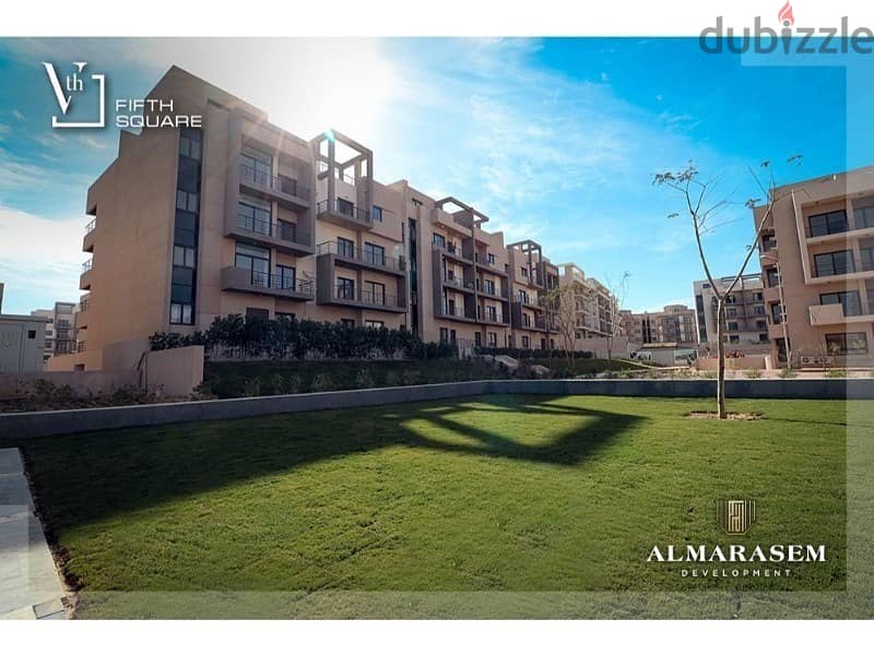 The lowest down payment is for an apartment 132 sqm fully finished with ACs 2 bedrooms   in Al Marasem, Fifth Square, with installments 9