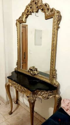 كونسول مدهب فرنساوي تحفة فنية - مرآة طويلة - برخام أسود أسباني 0
