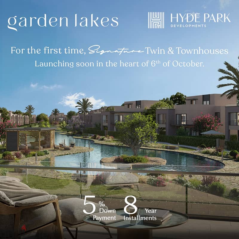 For sale  Town house middle - garden lakes - HydePark west  In front Gezira sporting club - inside palm hills zayed - livable area  Direct on lagoon - 6