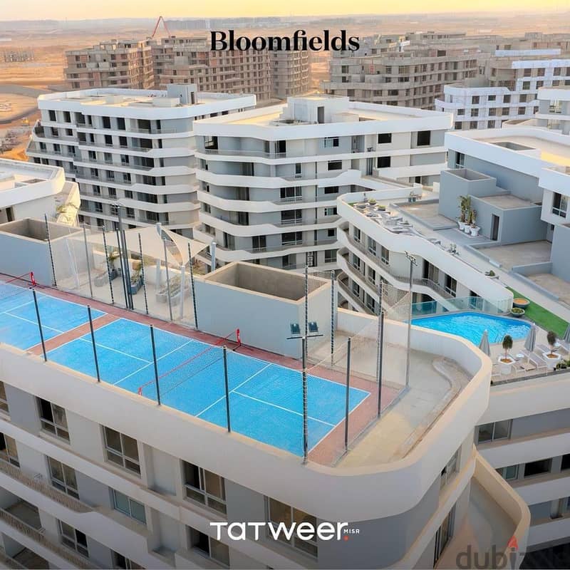 Distinctive divisions, Tatweer Misr Company, 190m apartment, 79m garden, for sale in New Cairo, Bloom Fields Compound, 6 months receipt, 10% down paym 10