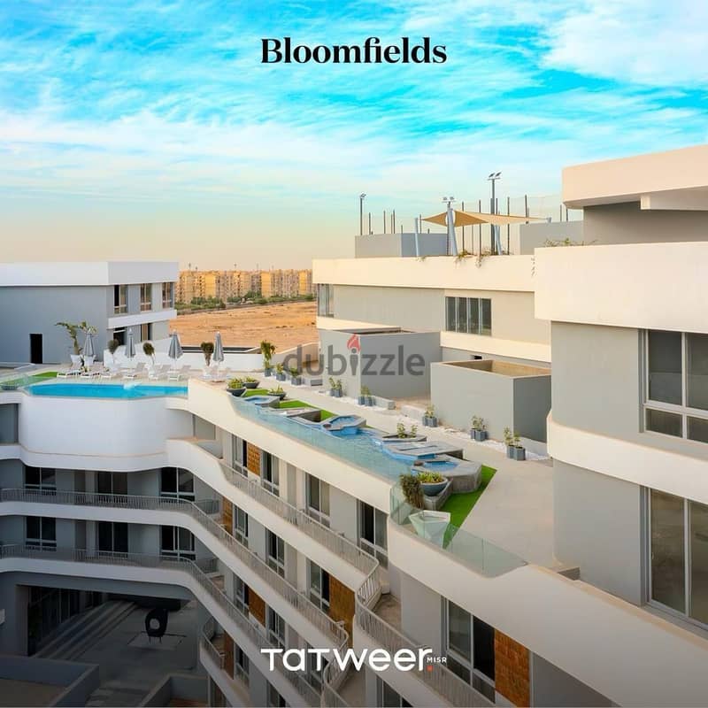Distinctive divisions, Tatweer Misr Company, 190m apartment, 79m garden, for sale in New Cairo, Bloom Fields Compound, 6 months receipt, 10% down paym 8