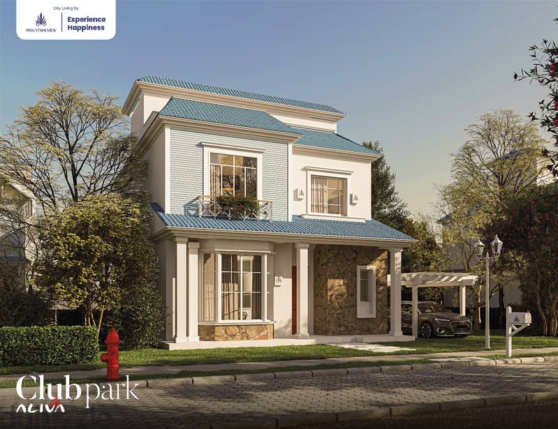 Corner townhouse villa in New Cairo, 220 sqm, on a landscaped view, in Aliva Mountainview Compound, the future, installments over 8 years 8