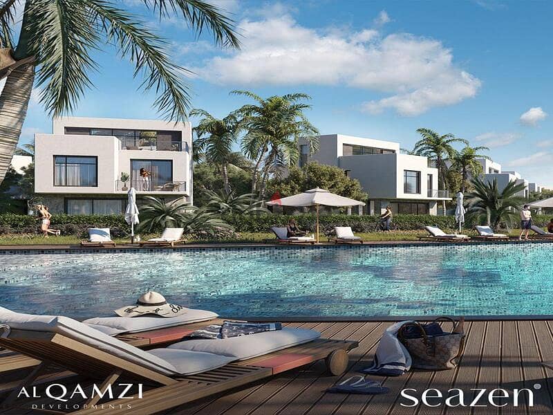 Own a chalet with a garden area and a view directly on the Lagoon, fully finished, with air conditioners and a kitchen, with a 10% down payment seazen 9