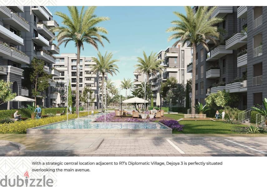 Own your apartment with an area of ​​​​155 square meters in the Dejoya 3 compound in the heart of the Administrative Capital, directly on the central 18
