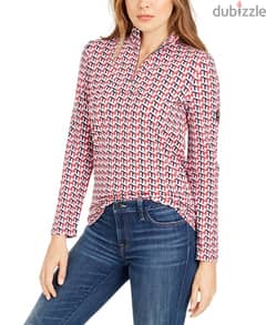 Tommy Hilfiger Women's Printed Neck Zip Top Red / Blue Size X-large 0