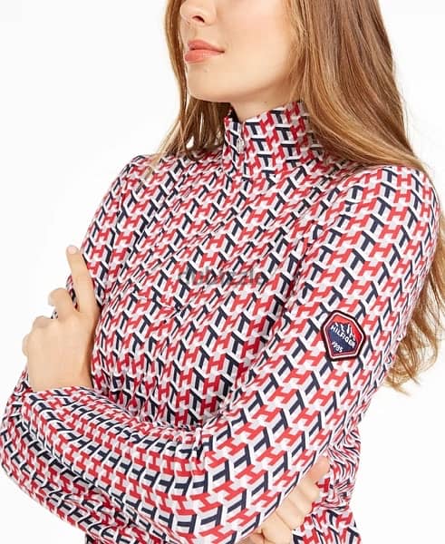 Tommy Hilfiger Women's Printed Neck Zip Top Red / Blue Size X-large 1