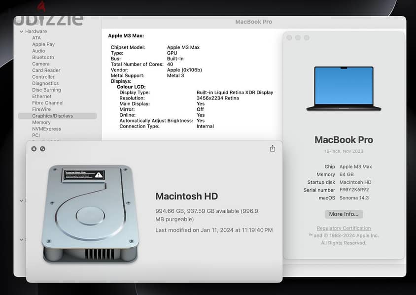 MacBook Pro 16-inch M3 Max Chip with 16-core CPU 40-core GPU 64GB Ram 8