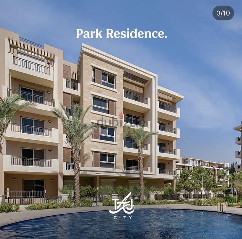 A private roof apartment in Taj City Compound, in a prime location, with a 10% down payment over 8 years, an area of 224 meters, and a roof 77 meters 3