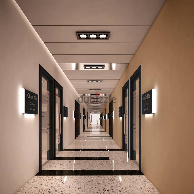 Down payment of 240 thousand, I own a medical clinic, ultra super luxury finishing, in a medical mall in Zahraa El Maadi, directly in front of Wadi De 2