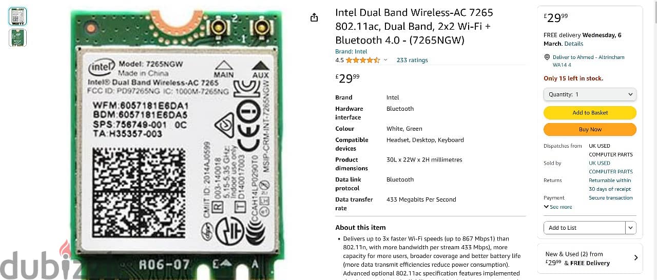 laptop wifi card Intel Dual Band Wireless-AC 7265 1