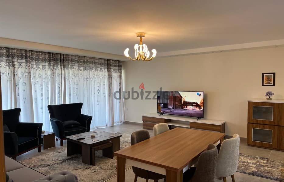 For rent at the lowest price, a modern furnished apartment with 2 rooms in Lake View Residence Compound, Fifth Settlement 3