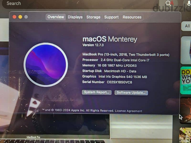 Macbook pro 2017 13 inch intel i7 16 ram 256 ssd 6