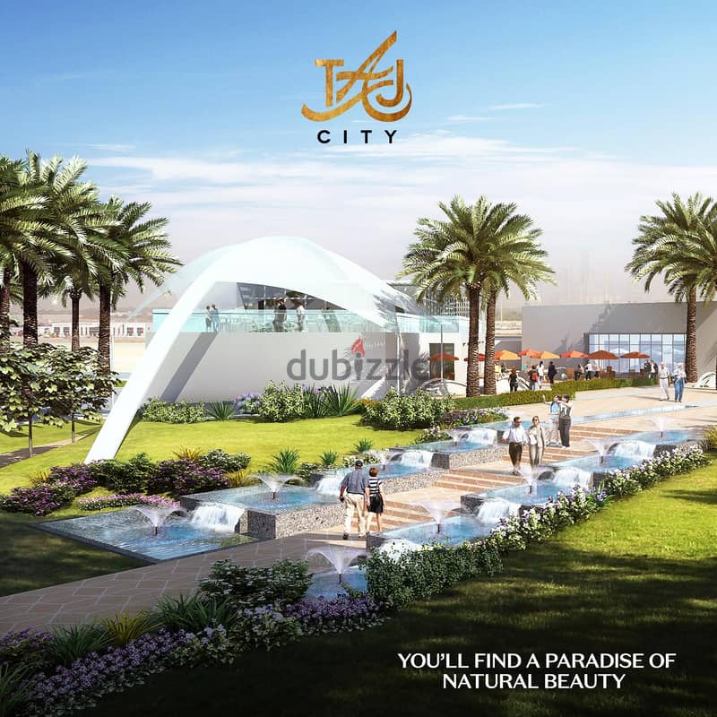 Villa 143 sqm + 96 gardens, 39% discount, in a special location in New Cairo, directly on the Suez Road, Taj City Compound 2