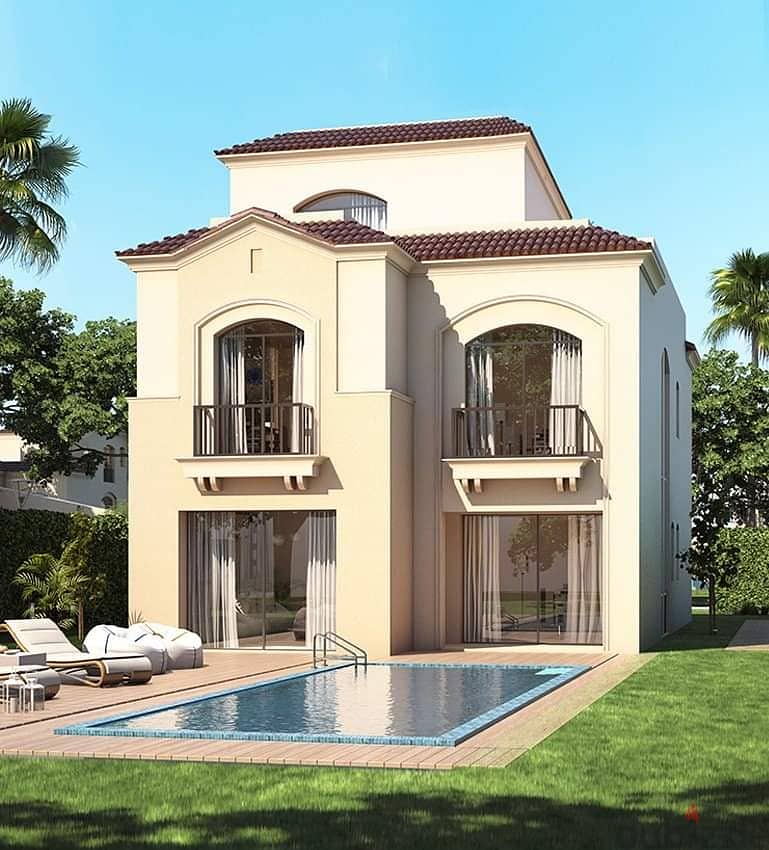 Stand Alone Villa for sale in New Cairo in Sarai Compound, area of ​​198 m, garden of 212 m and roof of 44 m, very distinctive division 12