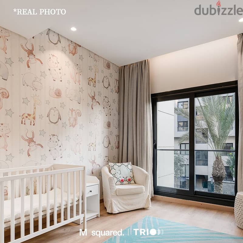 With the lowest down payment, an apartment for sale, 230 meters, in Trio Garden - New Cairo, 4 bedrooms, with a distinctive view, installment 9 year 7