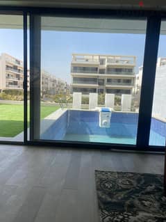 For rent, a fully furnished modern apartment with a swimming pool (3 rooms) in Lake View Compound in the Fifth Settlement