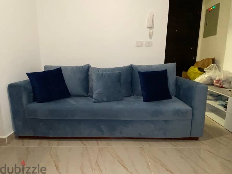 Blue velvet living room couch 3 seater, high density foam, blue 1