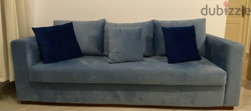 Blue velvet living room couch 3 seater, high density foam, blue 2