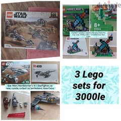 3 complete Lego sets, Star Wars, minecraft