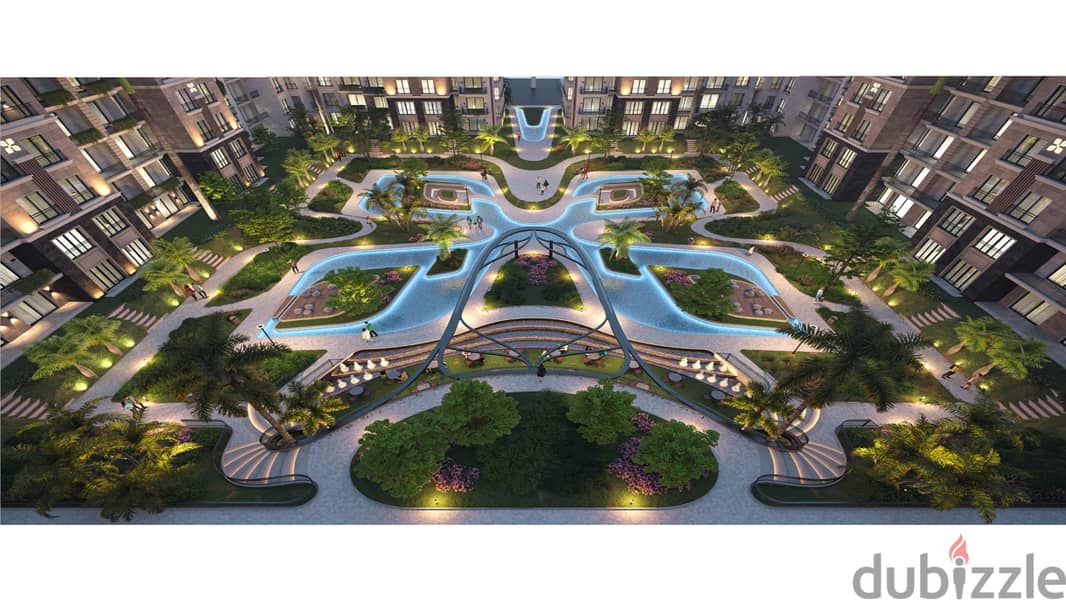 In the Golden Square area, Fifth Settlement. . . a super luxury garden apartment with a 0% down payment for sale in Cattleya New Cairo 6