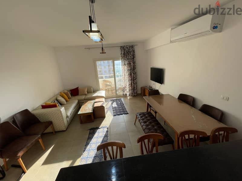 For rent, a chalet with direct pool view, fully air-conditioned (3 rooms) in Amwaj Village, North Coast 1