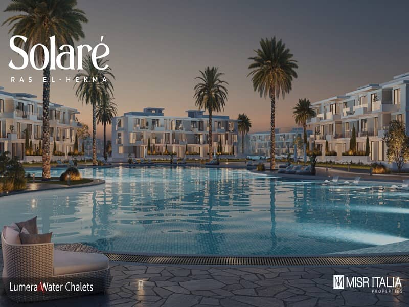 First row lagoon chalet in Ras El Hekma with Misr Italia, fully finished, with equal installments, | Solare 12