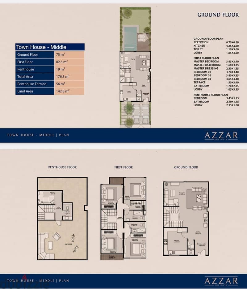 Azzar 2   Town House middle for sale   Bua:176  land:143 3