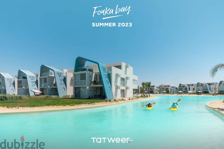 Two-room chalet for sale in the North Coast, Fouka Bay village, with a 10% discount and installments over 10 years, direct, first row on the lagoon, F 15