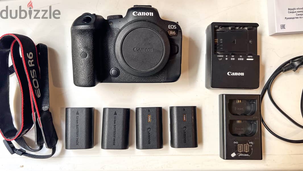 Canon R6 with 4 batteries and Smallrig cage 2