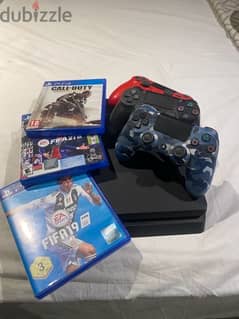 Ps4 slim, good condition. with 3 games and 3 controllers