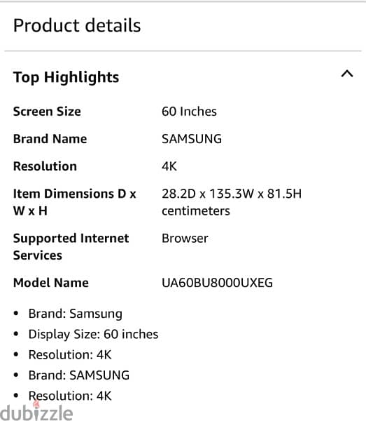 Samsung 60 Inch TV Crystal Processor 4K LED UA60BU8000UXEG 4