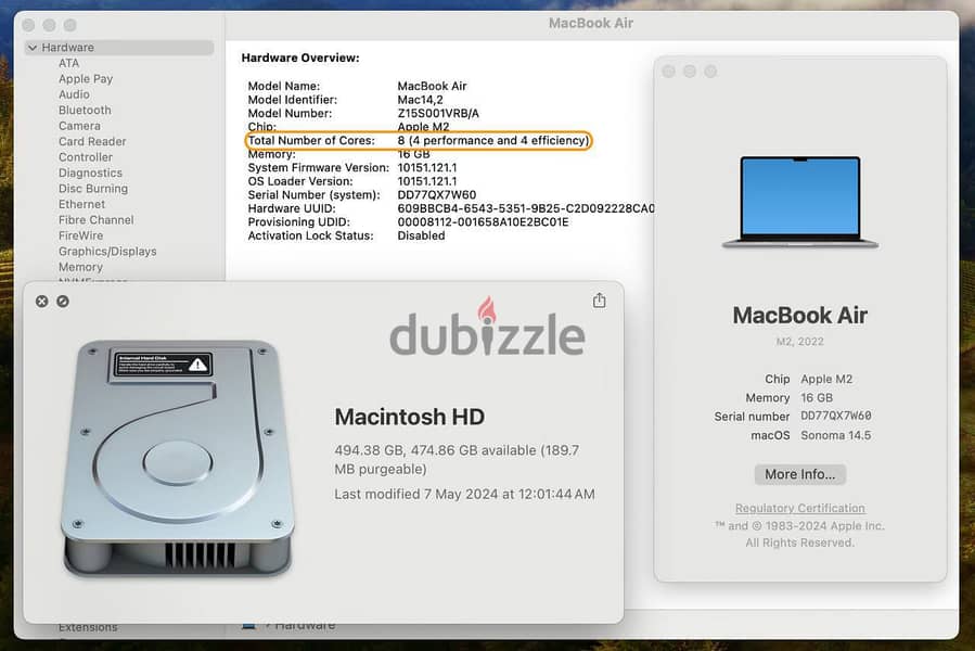 MacBook Air (13-inch, M2,  8-core CPU , 10-core GPU ,(16GB Ram) (SSD 7