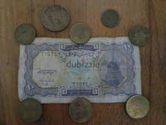 عملات مصريه قديمه(5قروش/10قروش/5مليم/5قروش ورقيه)+ 50 ليره تركي قديمه