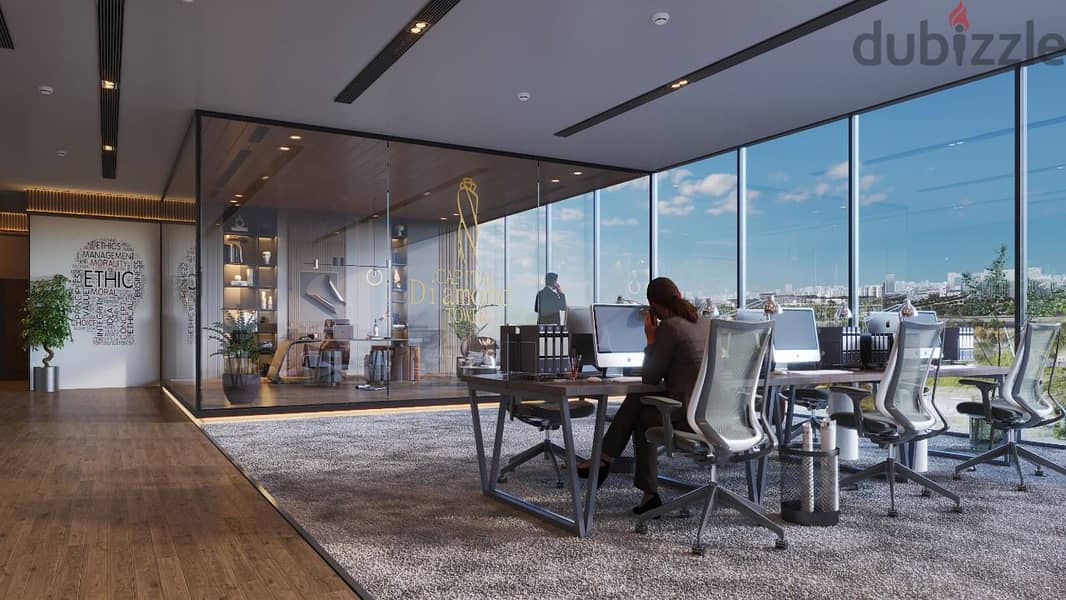 Your office is 64 meters, finished, without a down payment, and is sold under contract, with a distinctive view on the plaza and the iconic tower, wit 8