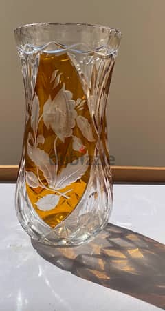 Vintage heavy full lead Amber to clear cut crystal Roses vase
