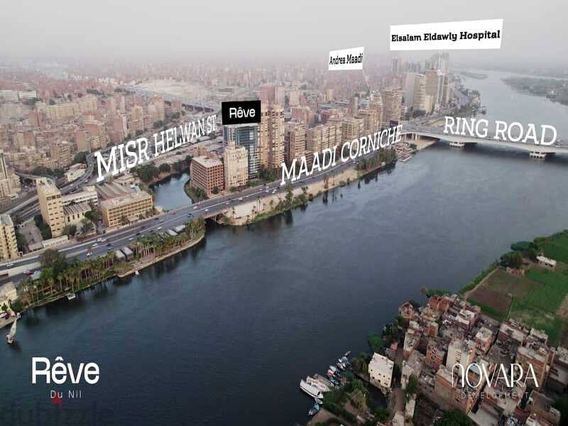 For sale, a 125 sqm hotel apartment on the Nile, immediate delivery in Maadi, in installments 8